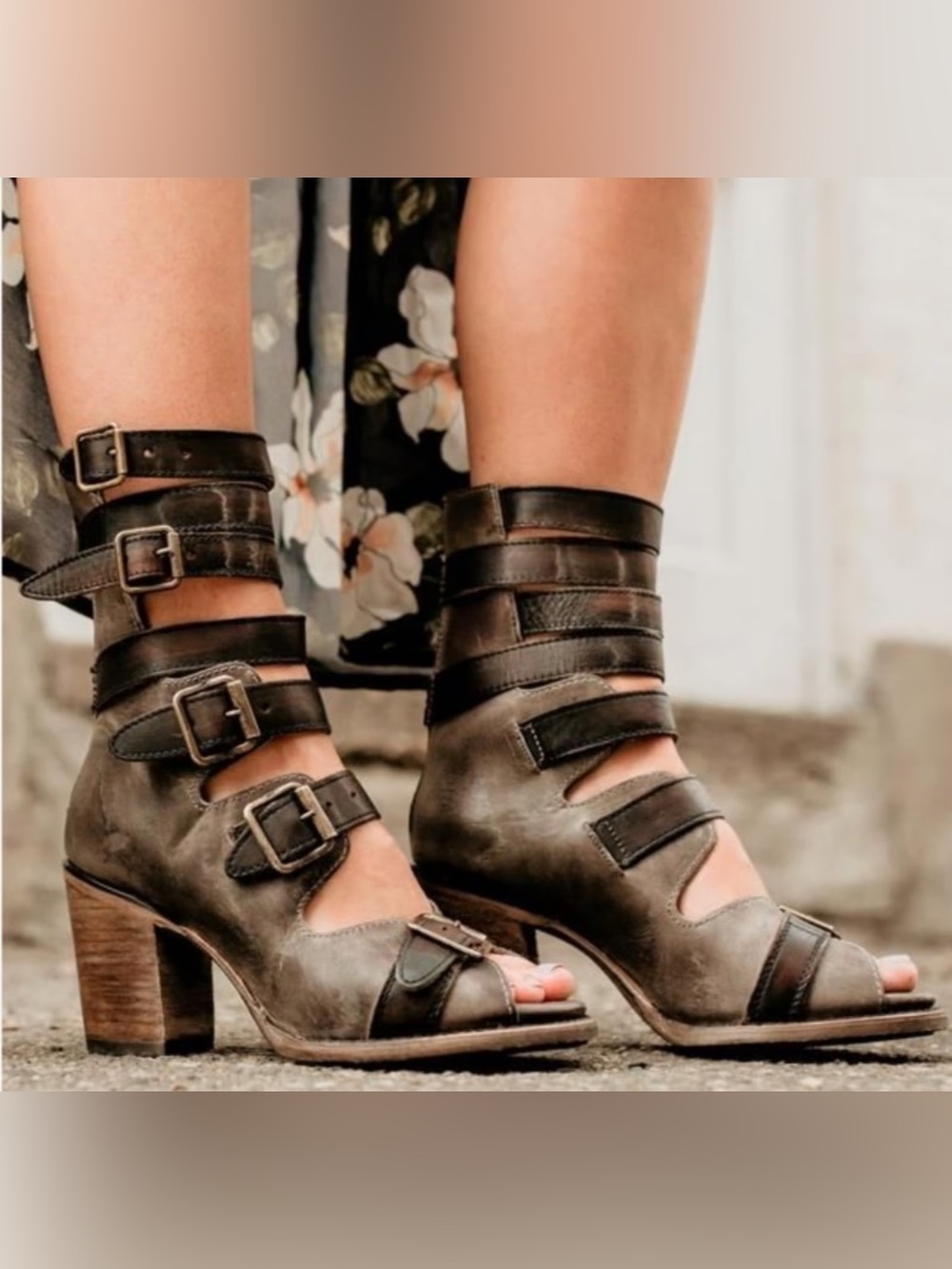 Freebird Bond Brown Leather Buckle Heeled Sandals boots Women US 6